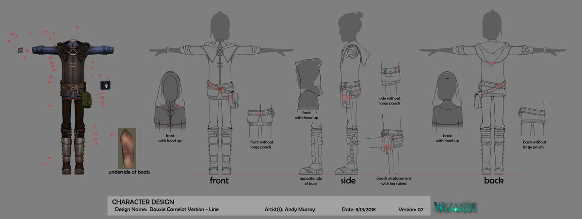 First up: Douxie! He was my first assignment at DreamWorks, an outfit for his Camelot self. Betsy Bauer did a super nice concept for this, so I just had to make her ideas super easy for a 3D team to build. I got to design the pouch area, very braggable.