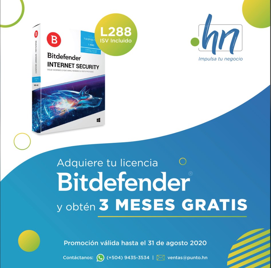 Punto_hn's tweet photo. Punto HN y Bitdefender te premian 🎁🎉
Adquiere tu antivirus de Internet Security y obtén tres meses de servicio GRATIS!
Escríbenos a ventas@punto.hn para más información o entra en este enlace https://t.co/2KGTte6bq4
#SomosPuntoHN #PuntoHN #Impulsatunegocio. https://t.co/K8CNUeoMKl