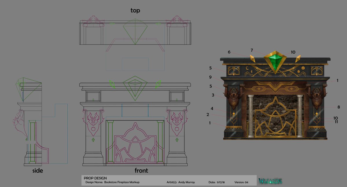 Fireplace in the GDT bookstore in episode 1. I think that it also shows up in Camelot? Watch the show to find out! (It does)