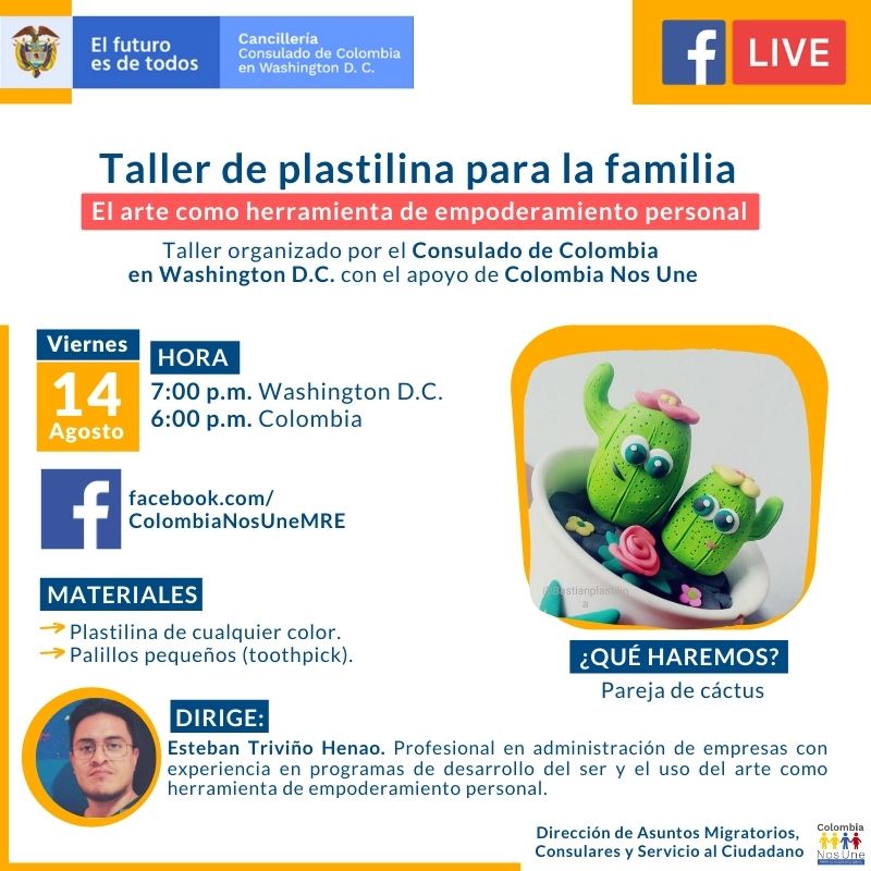 ColombiaNosUne's tweet photo. 🌵Taller de plastilina para la familia.👩‍👦👨‍👧 Una invitación del Consulado de #Colombia en #WashingtonDC con el apoyo del programa Colombia Nos Une de @CancilleriaCol.🇨🇴🇺🇸 Dirige: Esteban Triviño Henao. https://t.co/vcuUyxe4nC