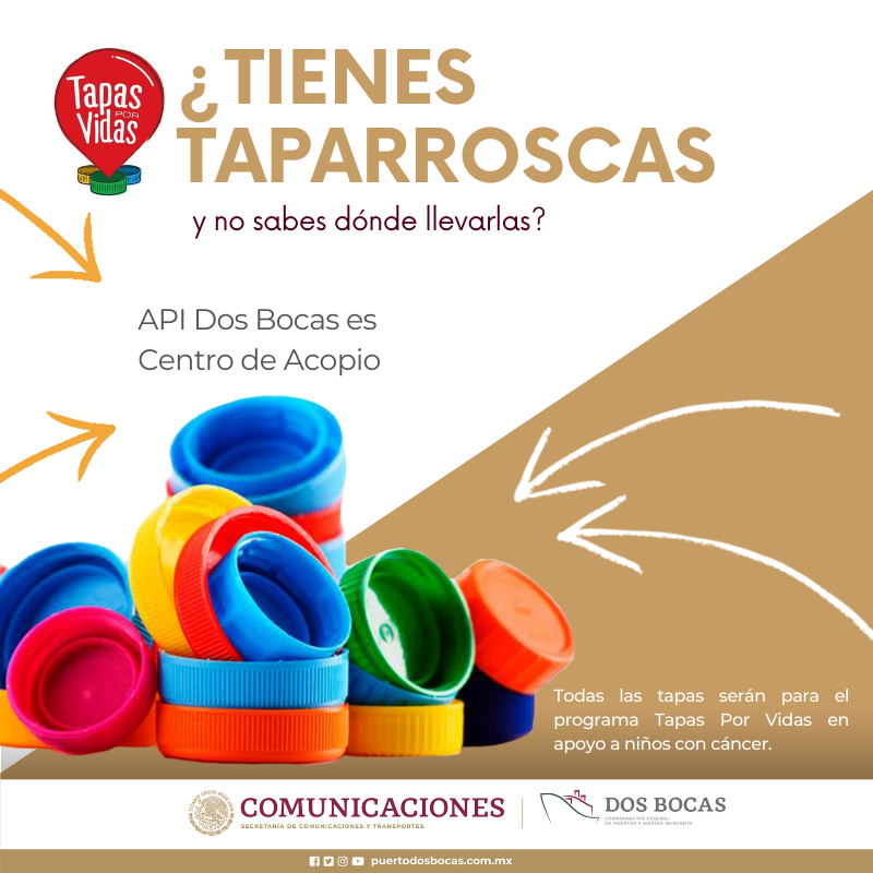 puerto_dosbocas's tweet photo. #TapasPorVidas🎗️ 

Únete a la campaña #TapasPorVida donando tapas de plástico en nuestras oficinas en el centro de #Paraiso, #Tabasco o dentro del Puerto Dos Bocas. Por cada 30,000 tapas al mes equivale a quimioterapia para un niño o niña con cáncer. https://t.co/6fjk3hnnN9