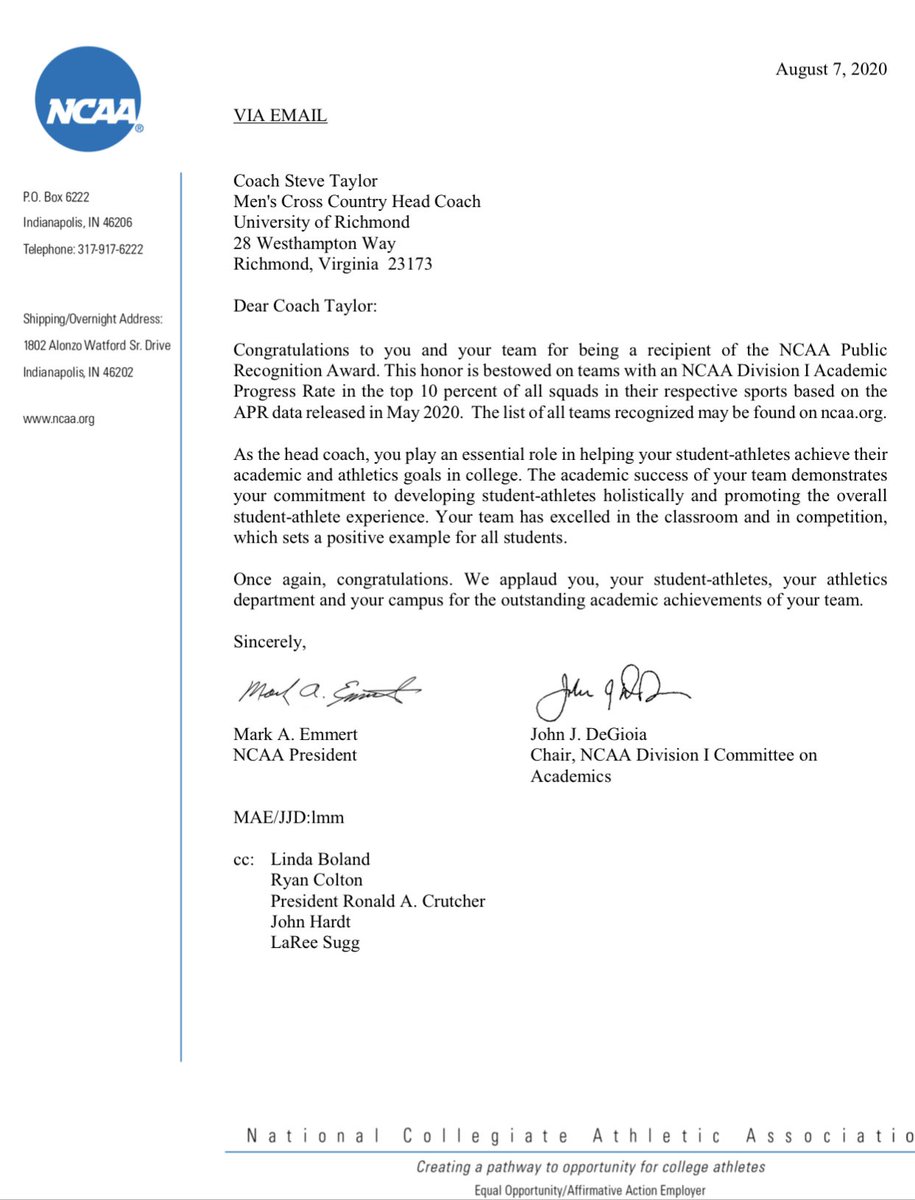 SteveTaylorCRA's tweet image. The NCAA Division I Committee on Academics Public Recognition Award is awarded to teams with an NCAA DI Academic Progress Rate in the top 10 percent of all squads in their respective sports based on the APR data released in May 2020 #goSpiders #spidersxctf #oneRichmond