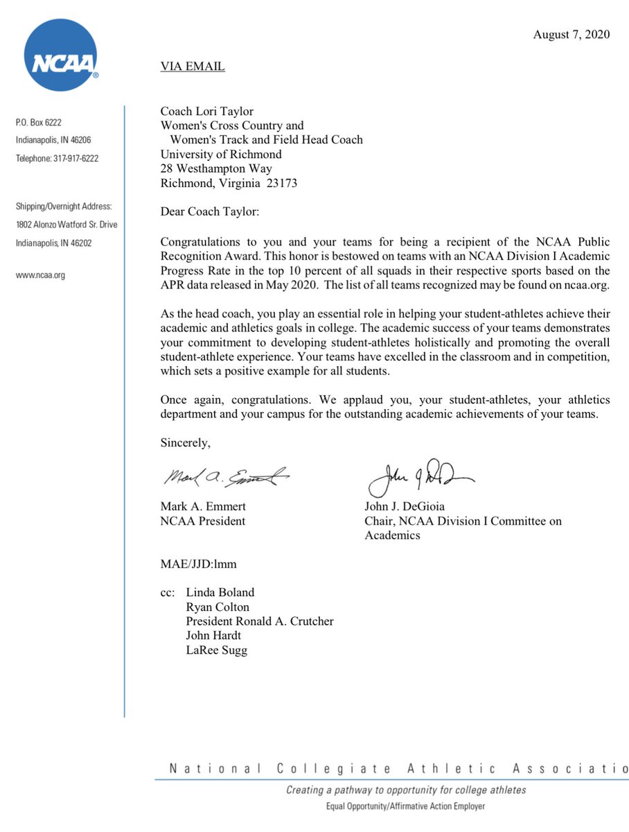 SteveTaylorCRA's tweet image. The NCAA Division I Committee on Academics Public Recognition Award is awarded to teams with an NCAA DI Academic Progress Rate in the top 10 percent of all squads in their respective sports based on the APR data released in May 2020 #goSpiders #spidersxctf #oneRichmond