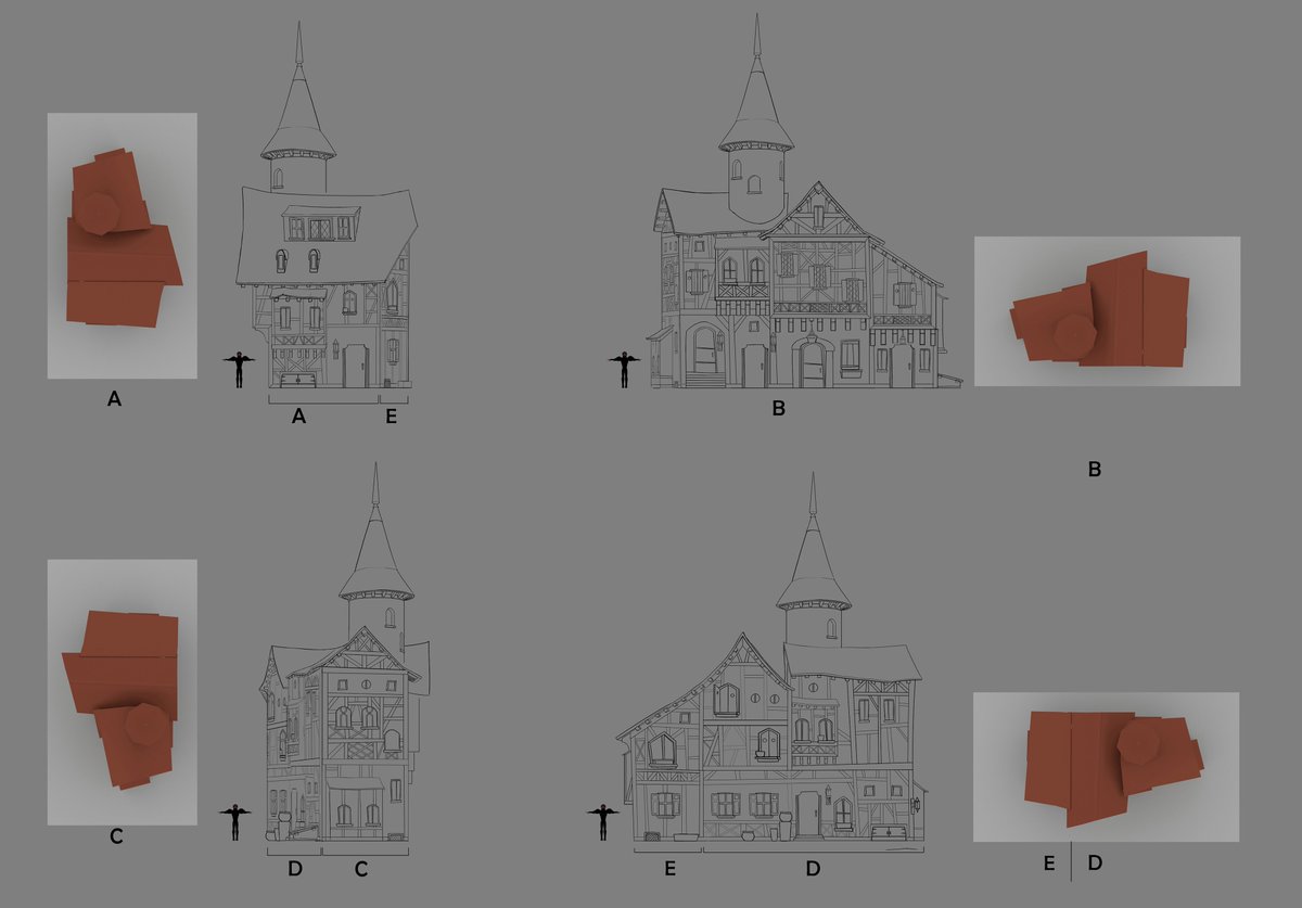 Camelot Village! Cundo Rabaudi blocked out the village layout and the basic shapes of the buildings, but I got to figure out final designs for these guys.  @alisketch painted them all up, but I enjoyed my part of the process