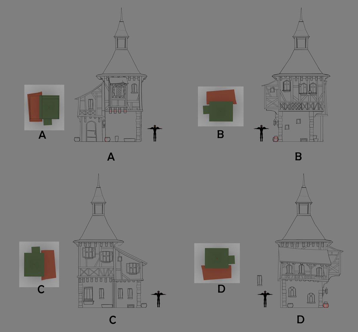 Camelot Village! Cundo Rabaudi blocked out the village layout and the basic shapes of the buildings, but I got to figure out final designs for these guys.  @alisketch painted them all up, but I enjoyed my part of the process