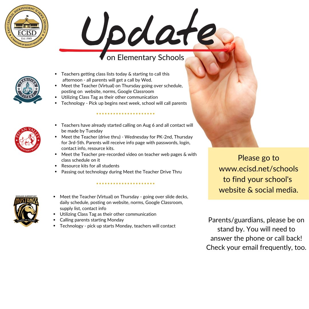 ECISDtweets's tweet photo. Here is an update on elementary schools. Please note that each school has a different update.

We will post middle and high school information soon!

#ECProud! #ProudlyUnited https://t.co/TGNDIeTyRr