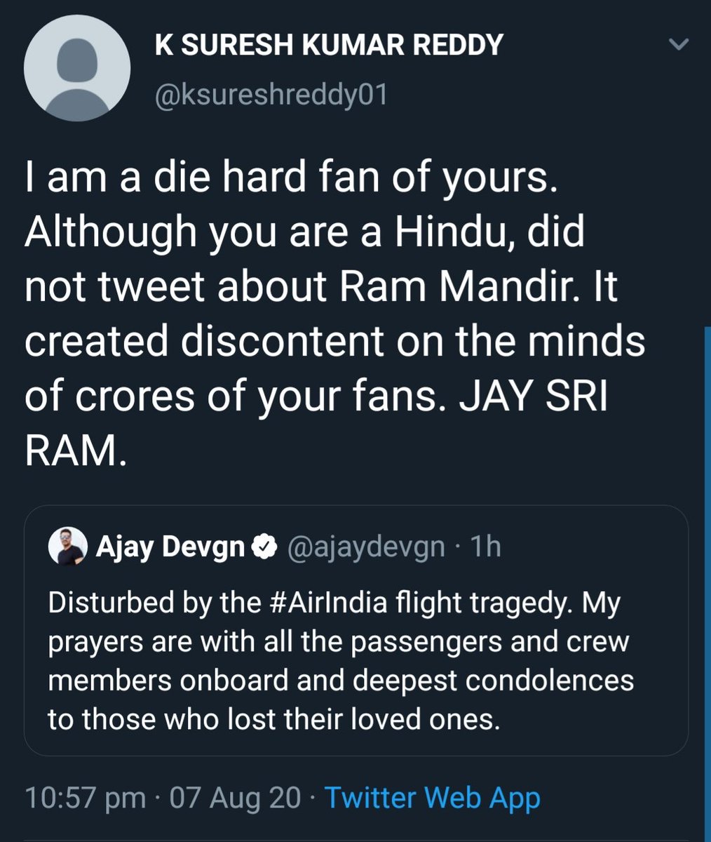 HeyySiriii's tweet photo. Celebs posted prayers for people of #planecrash #AirIndia

Meanwhile Sanghis threatening @iamsrk and questioning celebs for not tweeting in support of Ram mandir.

Priorities!!!

#KozhikodeAirCrash https://t.co/KwPYsPxVPO