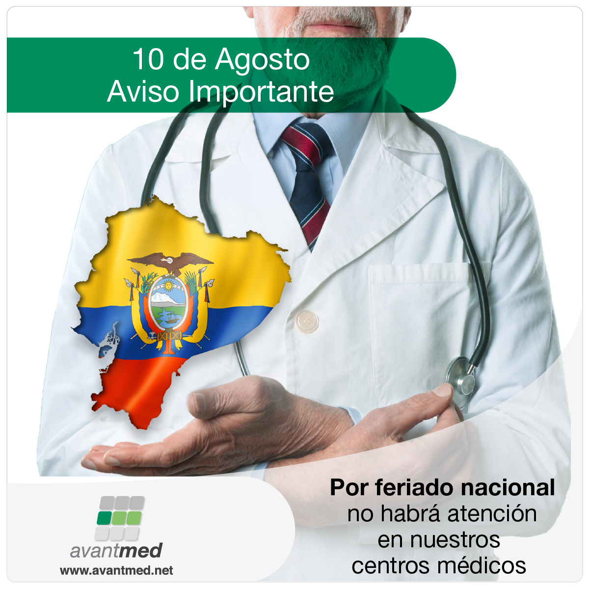 Comunicamos a nuestros clientes que el día lunes 10 de agosto, feriado nacional, no habrá atención en ninguno de los centros médicos Avantmed. Que todos tengan un feliz descanso.