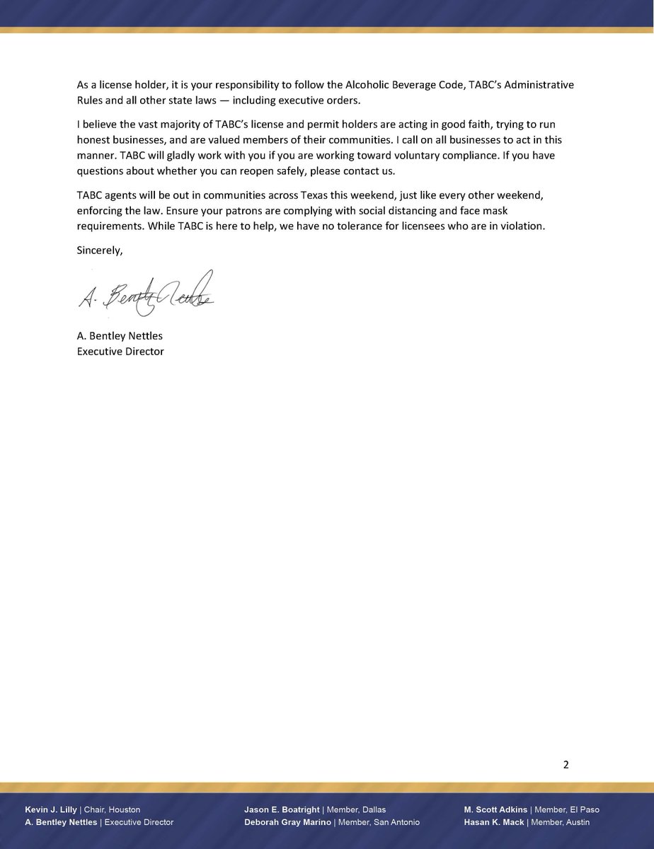 TexasABC's tweet photo. Read @TABC_ExecDir's open letter to the Texas alcoholic beverage industry: https://t.co/bMKarLz8dH https://t.co/e4Rd9g5FhZ