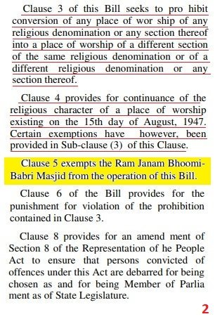 THE PLACES OF WORSHIP ACT, 1991The Act was brought by Congress govt which bars changing religious status of buildings as were on 15th August 1947. Basically a mosque cannot converted to a temple or vice versa.Only  #Ramjanmbhoomi was excluded due to then litigation under ASI.