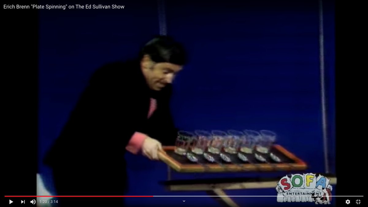 He also flipped lemon slices into these glasses with the spoons.The slices were on the spoon handles. He pounded the simultaneously spoons with a pool cue, launched the slices, ran back and got everything spinning again, and then flipped the spoons into the glasses.