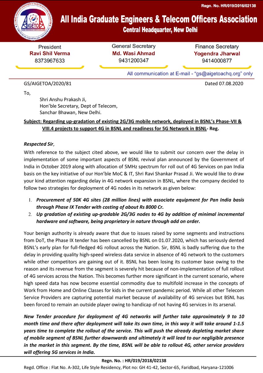 aigetoachq's tweet photo. @DoT_India @rsprasad Sir, your kind intervention solicited for allowing BSNL to move ahead with 4G rollout by way of upgrading existing 2G/3G nodes,Data is the fuel today. BSNL needs 4G  immediately to meet high speed data demand of customers to survive the cut throat competition https://t.co/0aQM8nkl0K