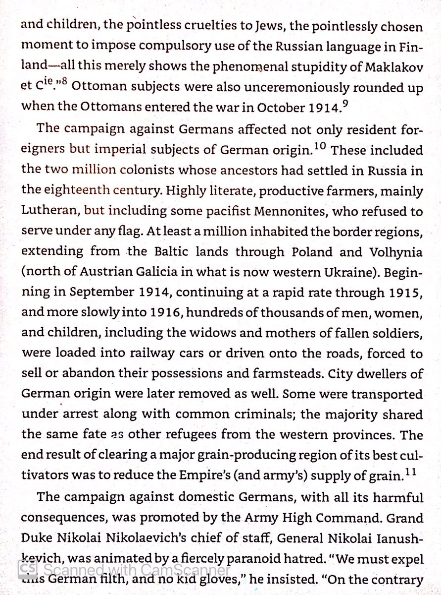 Setbacks on the Eastern Front in 1914 led to popular anti-German & anti-Jewish animus. Hundreds of thousands of men, women, & children (including peaceful Mennonites) were forcibly deported to the east from their homes in Volhynia, Poland, & Latvia. Many died.