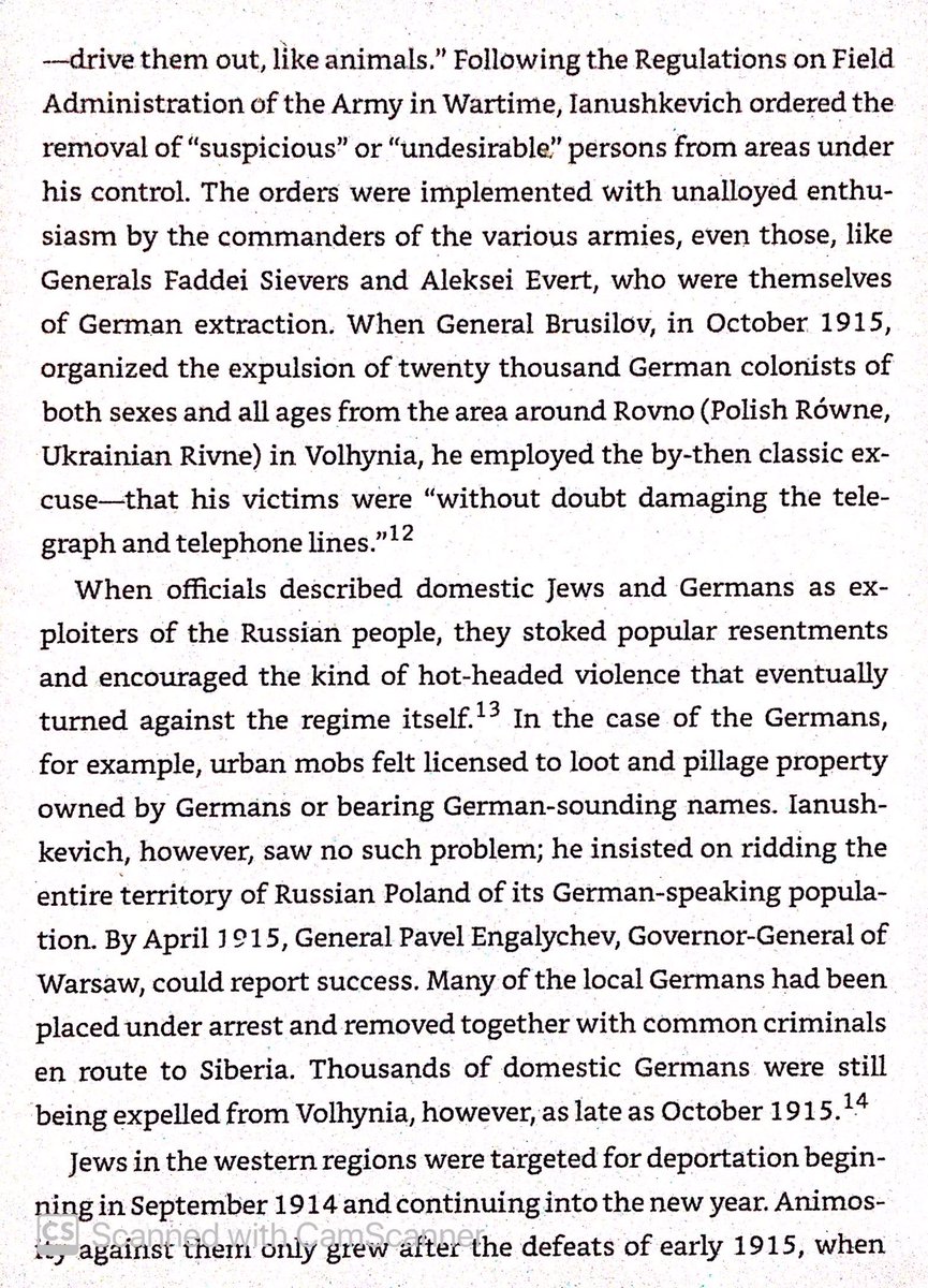 Setbacks on the Eastern Front in 1914 led to popular anti-German & anti-Jewish animus. Hundreds of thousands of men, women, & children (including peaceful Mennonites) were forcibly deported to the east from their homes in Volhynia, Poland, & Latvia. Many died.