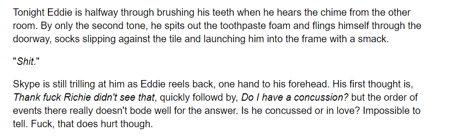 arrival au: sci fi drama meditations on free will, humanity's place in the cosmos, the nature of timealso arrival au: eddie develops a pavlovian response to the skype incoming call noise and runs into a wall