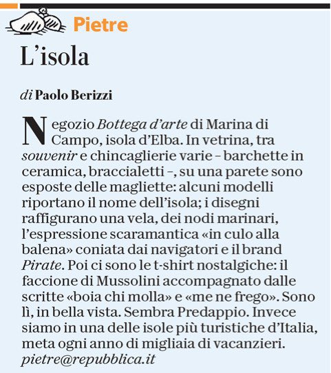 PBerizzi's tweet photo. Magliette "boia chi molla" e "me ne frego", ovviamente con la faccia del duce. I souvenir turistici nel negozio dell'isola d'Elba.⠀
⠀
#Pietre ⠀
@repubblica ⠀
pietre@repubblica.it https://t.co/nNpzUDqElE