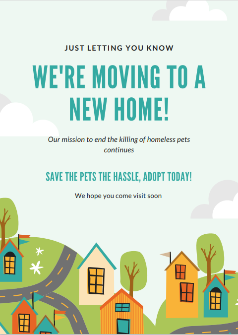 We're moving!

To help keep our pets comfortable, please consider adopting now before the move. We'd love to see our pets move as well, into your hearts. 😉

We'll update you with the date and location as soon as everything is finalized, but reach out today!

#utahanimals