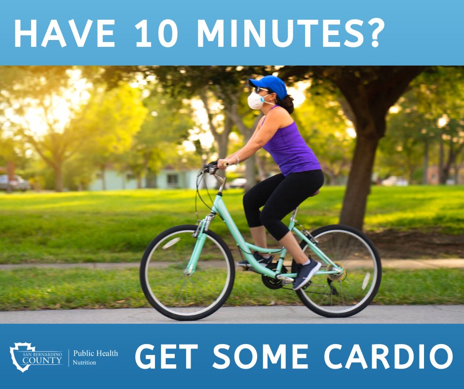 sbcountyph's tweet photo. “Cardio” is a physical activity that gets you breathing harder and your heart beating faster. 

Walking quickly, dancing, jumping rope and biking all count. Take a 10 minute break and get some cardio.  

#PhysicalActivity #Cardio #vision2bactive https://t.co/tK8tTKaV6Z