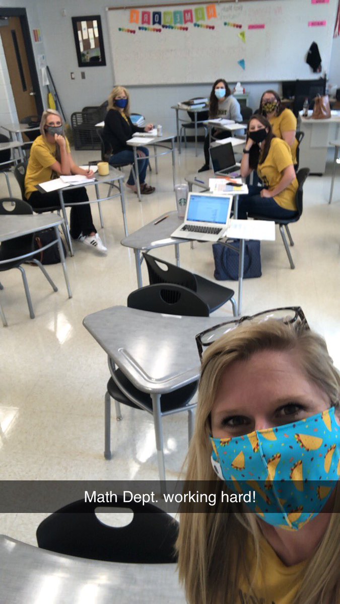 casey_guynnRMS's tweet photo. The @RMSGoldenTigers math department worked hard today collaborating on our first instructional steps for the school year! #cantmaskourexcitement @RussellvilleK12 https://t.co/od2zq5ydJS