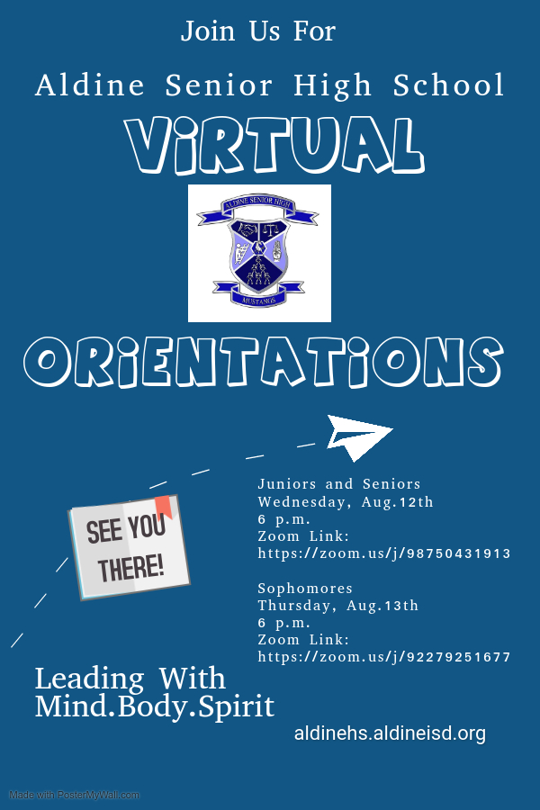 Aldine Senior High School-Aldine ISD (@aldinehs_aisd) on Twitter photo Aldine Senior HS Families: Please join us for our Virtual Orientations on Aug. 12th (Juniors & Seniors) and Aug.13th (Sophomores)! See our flyer for the Zoom information! We can't wait to see you! @MrStewart_AHS <a href="/AldineISD/">Aldine ISD</a> Aldine Senior HS Families: Please join us for our Virtual Orientations on Aug. 12th (Juniors & Seniors) and Aug.13th (Sophomores)! See our flyer for the Zoom information! We can't wait to see you! @MrStewart_AHS <a href="/AldineISD/">Aldine ISD</a>