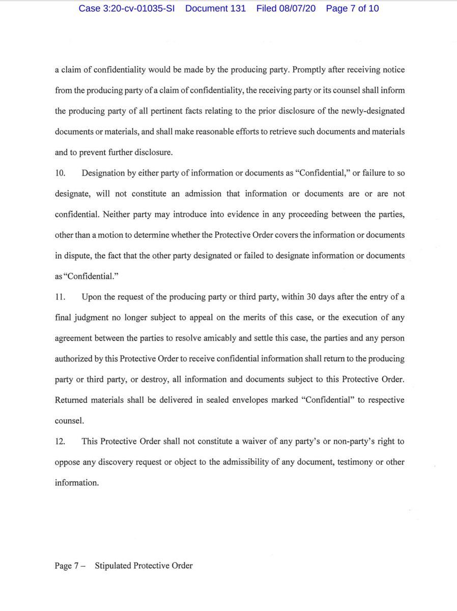 Beyond that one tiny deviation the Stipulated Protective Order is pretty broiler-plate. Paragraph 11 is also SOPAnd nothing immediately jumps out at me but I’m also kind of fried & running on fumes  https://drive.google.com/file/d/1-V3eHAipHHElqPylVVl-ot6Zdh1_zZix/view?usp=drivesdk