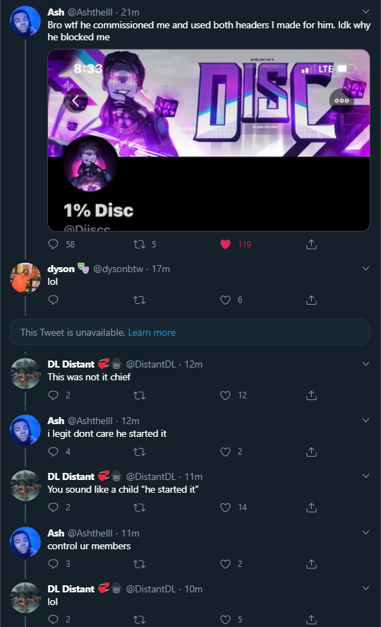 DesignerBeef's tweet image. Todays Designer Beef:

Ash was blocked by disc for no reason and on the tweet dyson commented "lol" ash took this as an insult and started going after him which got distant involved