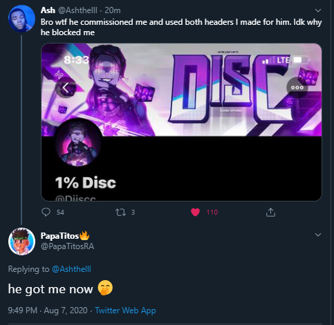 DesignerBeef's tweet image. Todays Designer Beef:

Ash was blocked by disc for no reason and on the tweet dyson commented "lol" ash took this as an insult and started going after him which got distant involved