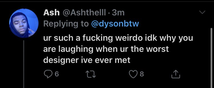 DesignerBeef's tweet image. Todays Designer Beef:

Ash was blocked by disc for no reason and on the tweet dyson commented "lol" ash took this as an insult and started going after him which got distant involved