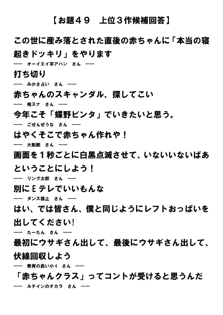 堂々 ステマ大喜利 お題49 上位3作候補回答 31 133 上位3作候補回答 約23 31回答者様 5pt進呈 上位3作 選出理由の発表は月曜日となります