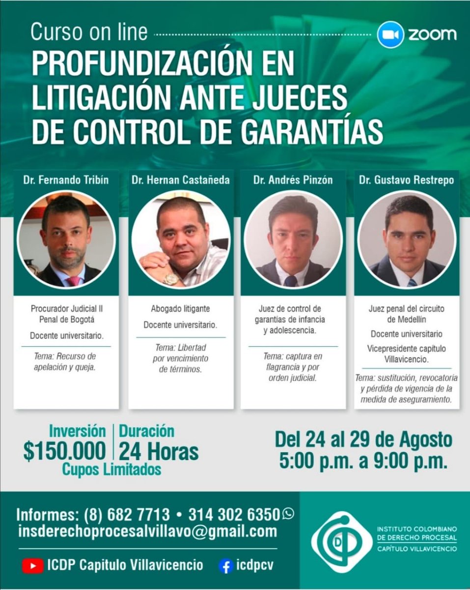 fernandotribin's tweet photo. Agradezco la invitación del Instituto Colombiano de Derecho Procesal Capítulo Villavicencio. Una nueva experiencia académica con enfoque netamente práctico. A los interesados informes en el flyer https://t.co/AjSn0UvTke