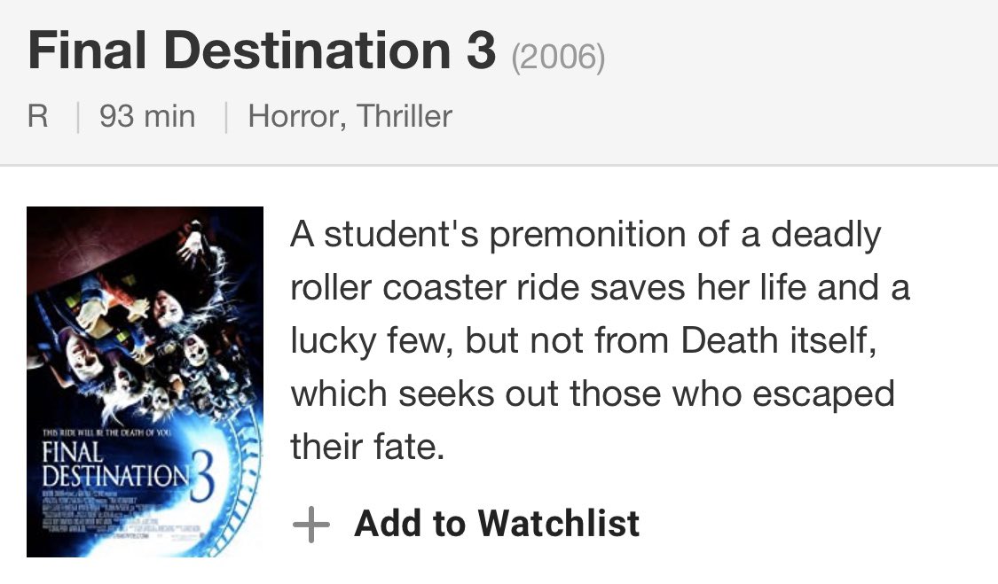 - final destination 3 (2006) - white chicks (2004) - fractured (2019) - the parent trap (1998) 