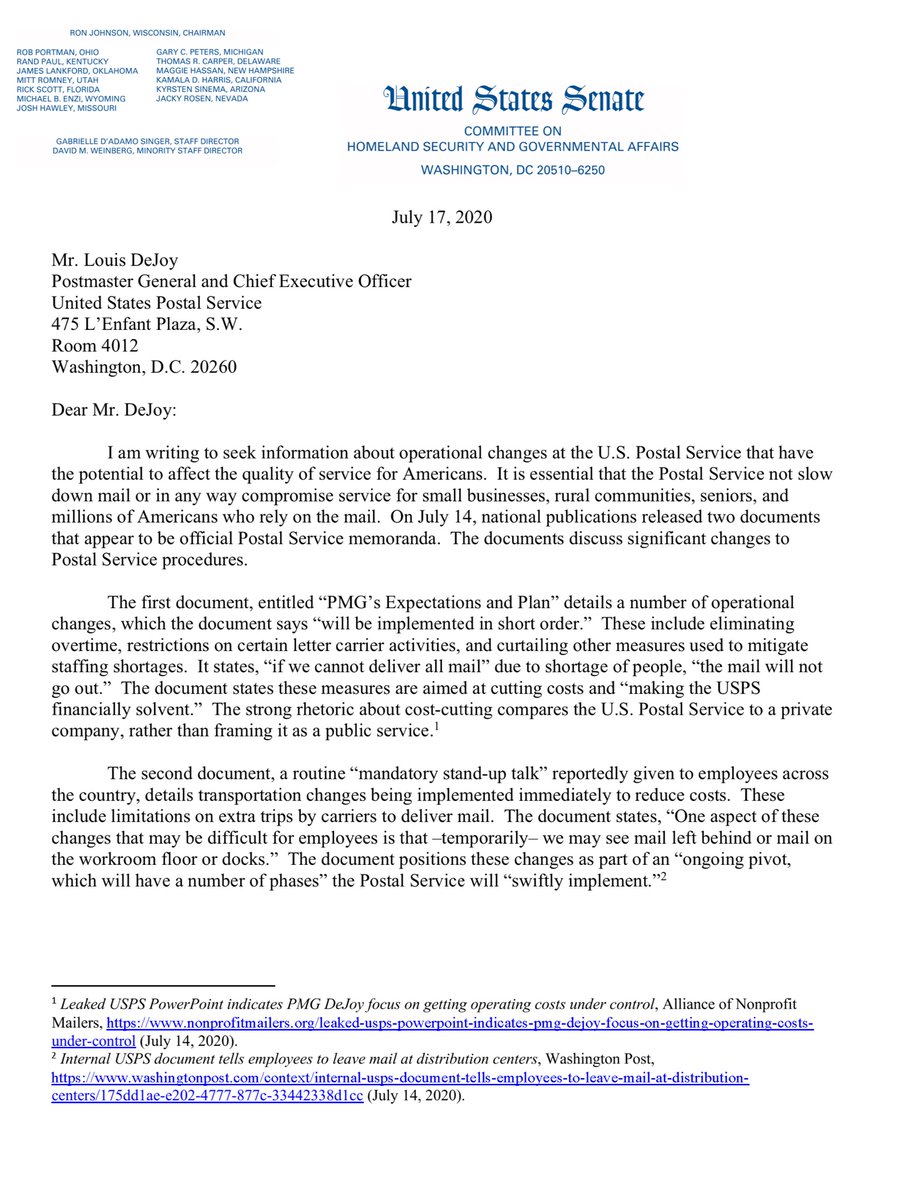 July 14, national publications released two documents that appear to be official Postal Service memoranda. -significant changes to Postal Service procedures.-“PMG’s Expectations and Plan” details a number of operational changes..-DeJoy owns >$29-38M in USPS competitors