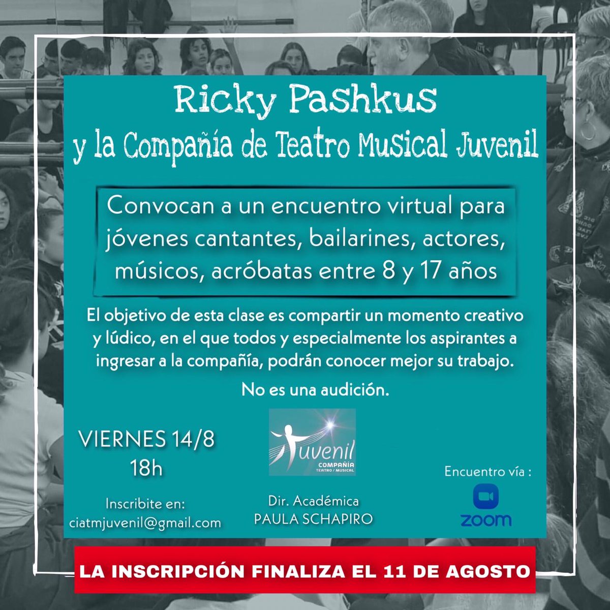 Quedan pocos dias para incribirse.
<a href="/CompaniaTMJ/">Compañía TM Juvenil</a> 
Gratis
Artistas de 8 a 17 años.