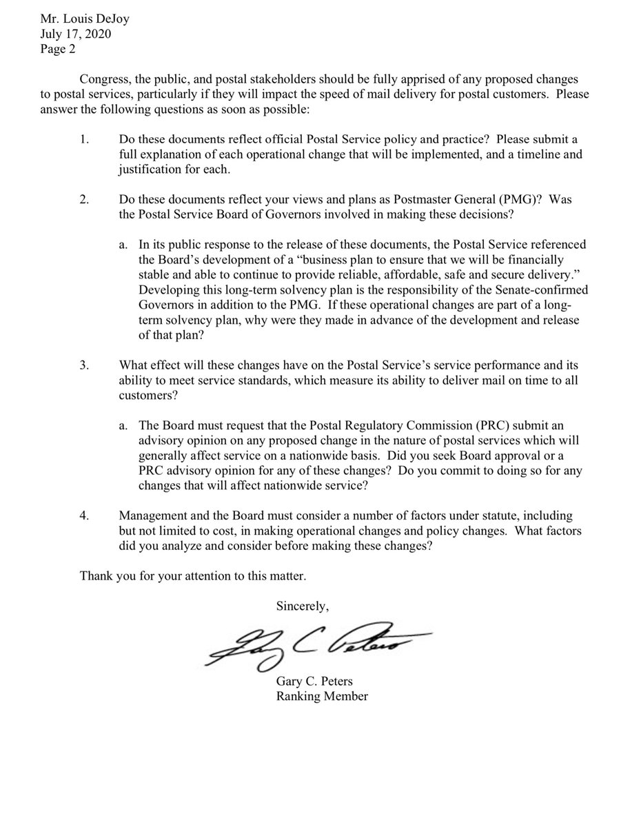 July 14, national publications released two documents that appear to be official Postal Service memoranda. -significant changes to Postal Service procedures.-“PMG’s Expectations and Plan” details a number of operational changes..-DeJoy owns >$29-38M in USPS competitors