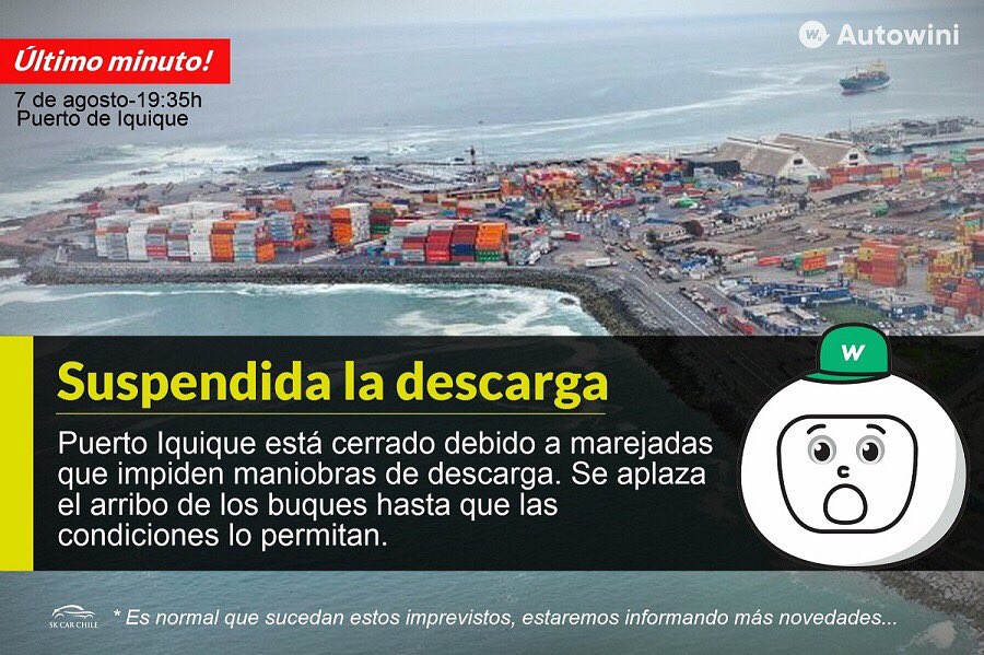 AutowiniChile's tweet photo. Suspendida la descarga de vehículos por cierre de #PuertoIquique por marejadas #AutowiniChile https://t.co/l4W54OJetP