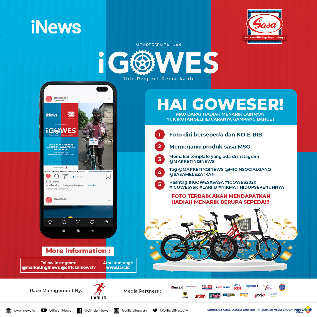 SeputariNews's tweet photo. Menyambut “HUT ke-75 KEMERDEKAAN RI", iNews ajak pecinta sepeda untuk ikut event iGowes Virtual Ride, multiple ride 75K. #nikmatihidupsepenuhnya
Info lebih lanjut kunjungi https://t.co/UbHUd4fN6q
@Sasa_Melezatkan
#igowesxsasa #igowes2020 #igowes75k #lariid #inews #gowesvirtual https://t.co/UyHWF32HQ4