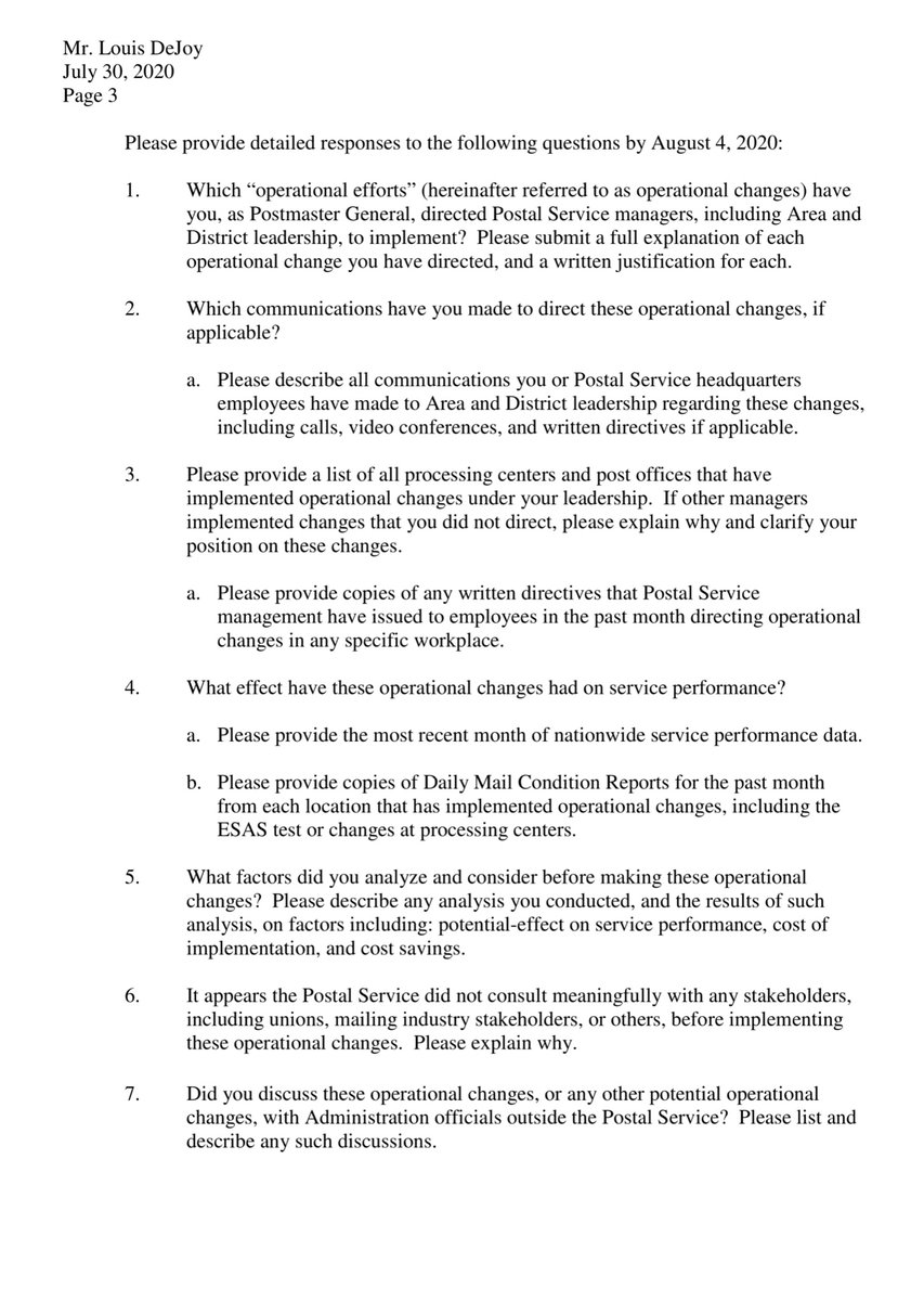 7/30/20 Sen Peters announced a “test” of new procedures for letter carriers“Expedited Street/Afternoon Sortation” tested in 384 post officeThe scopepotential impactparticularly, the timing of these reported changes and your failure to adequately address them are unacceptable”