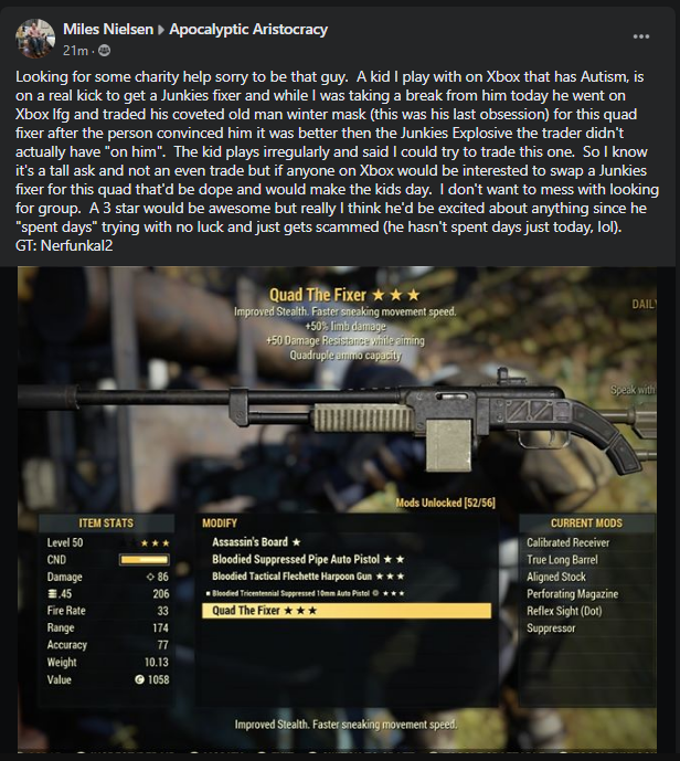 mikomi_akari's tweet photo. OK Community I know I've been AWOL But I just saw this on FB. Can we help this kid out???

You can contact this person directly or DM me if you have a lead on an XBOX Junkie's Fixer.

#Fallout76  #Falloutcommunity https://t.co/OGtoZ9p1dk
