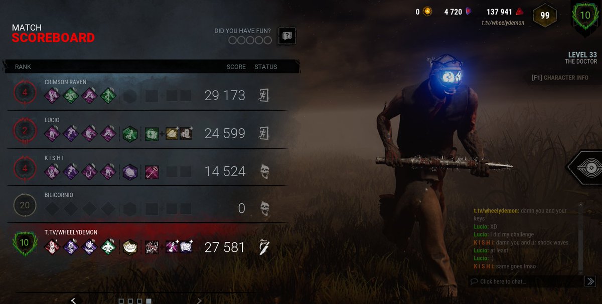 WheelyDemon's tweet photo. Seems fair.
They only won because they picked up the key and left via the hatch. How are keys/hatches fair when I'm matched against a stack like that?
@DeadByBHVR #IntoTheFog #FixTheMatchmaking https://t.co/m3GPQTd51b