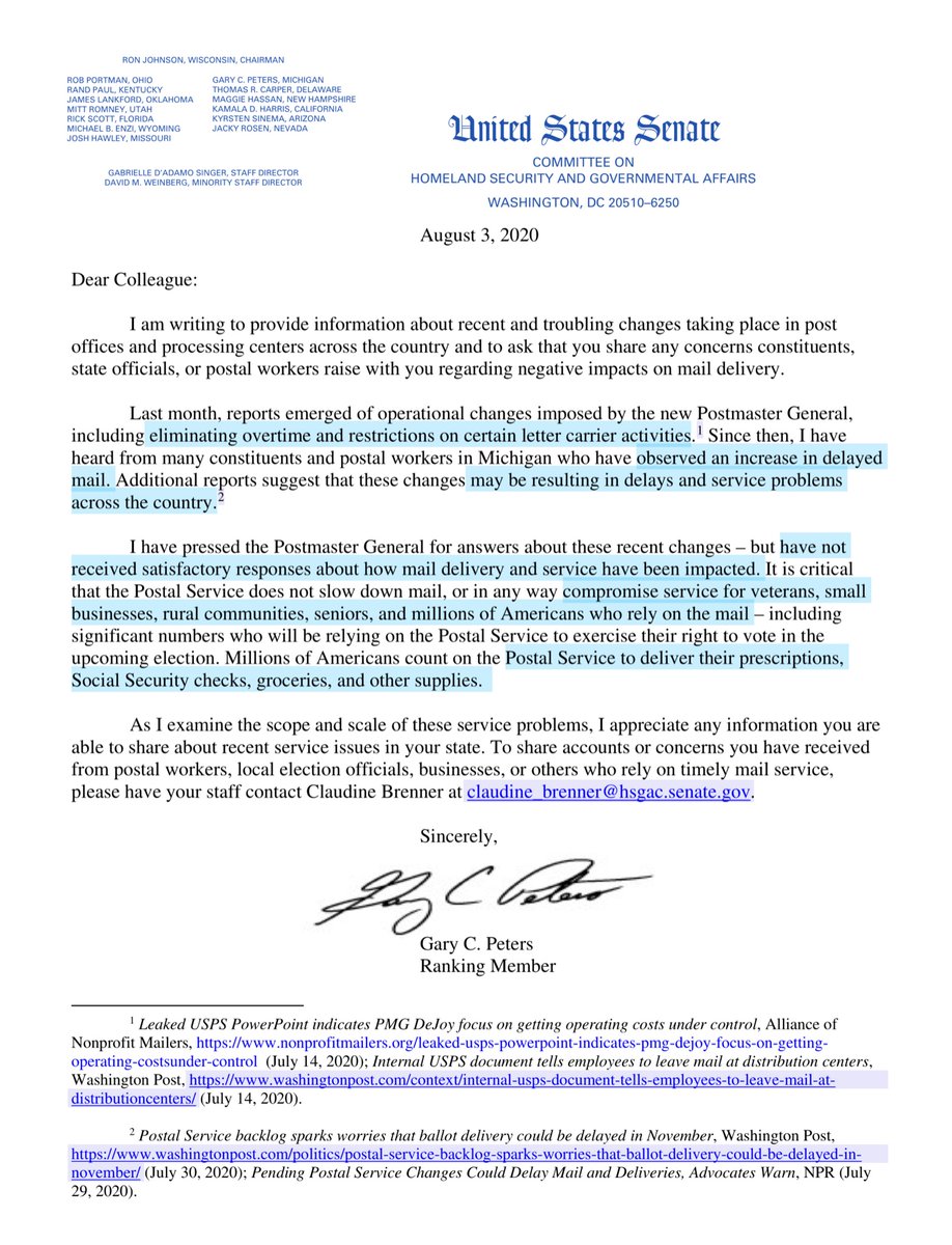 This week  @SenGaryPeters wrote/transmitted a “dear colleague letter..asking them to share reports they receive from constituents on challenges with on-time mail delivery”I’m in the DMV (DC MD VA) shortly after Memorial Day we went 6+ days sans mail https://www.hsgac.senate.gov/imo/media/doc/200803_Letter_PetersDearColleagueUSPS.pdf