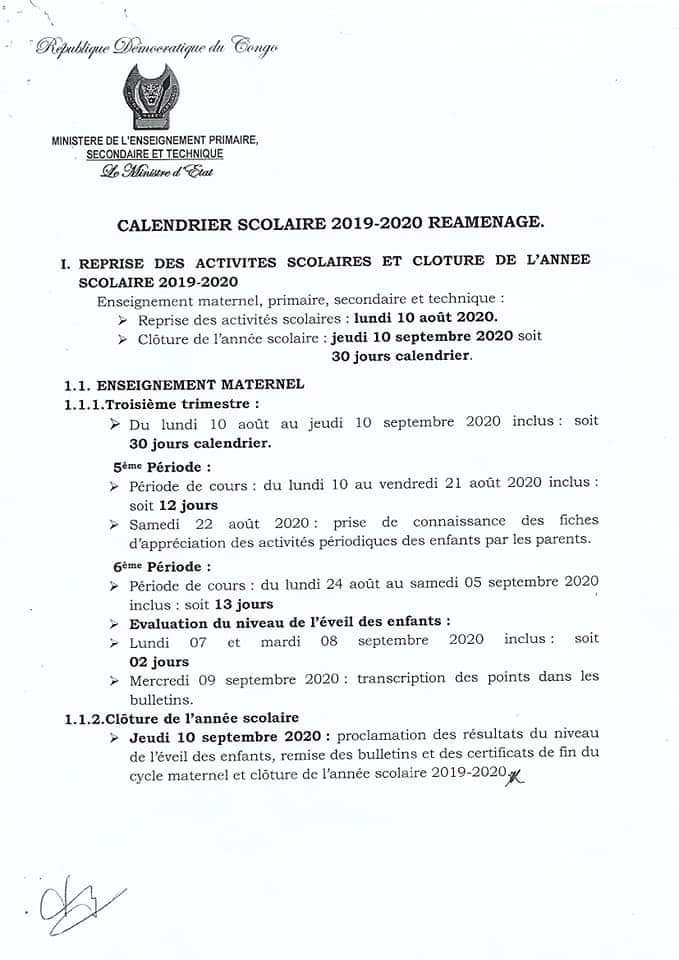 MinisterEDU_NC's tweet photo. #Reprise_des_cours : le Calendrier Scolaire 2019-2020 réaménagé pour la reprise des cours, dès ce lundi 10 août 2020 à 7h30. @Presidence_RDC @PrimatureRDC @bakonga_willy @DidierBudimbu @EducTV1 @UNICEFDRC https://t.co/sxy36dAGJ1