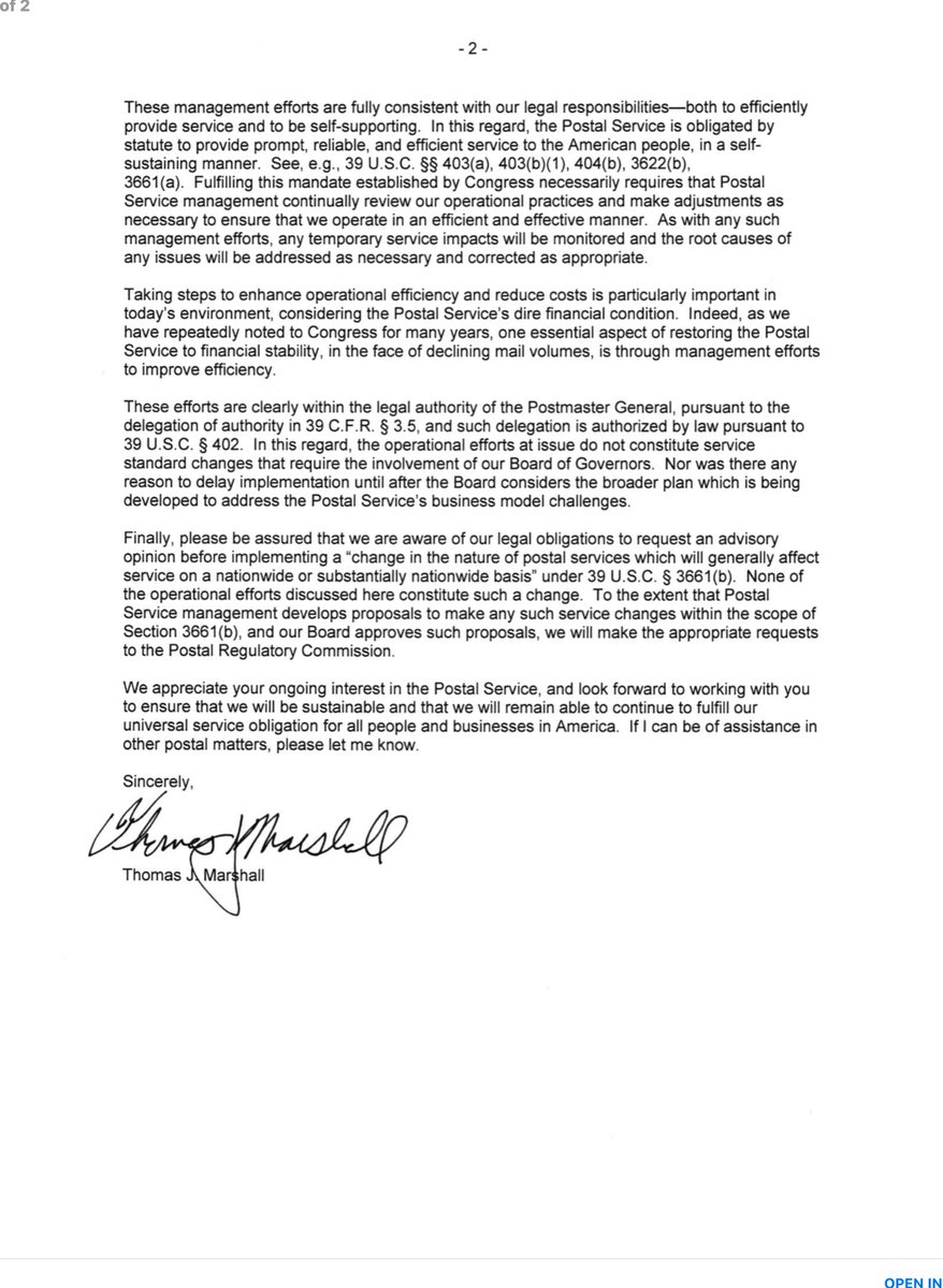 Incidentally earlier today  @SenGaryPeters released a 2 page letter his office received from the  @USPS General Counsel, Thomas J MarshallIt’s not exactly forthcoming and fails to address the numerous questions & issues raised in the 7/17 letter. I mean well duh it reads lawyerly