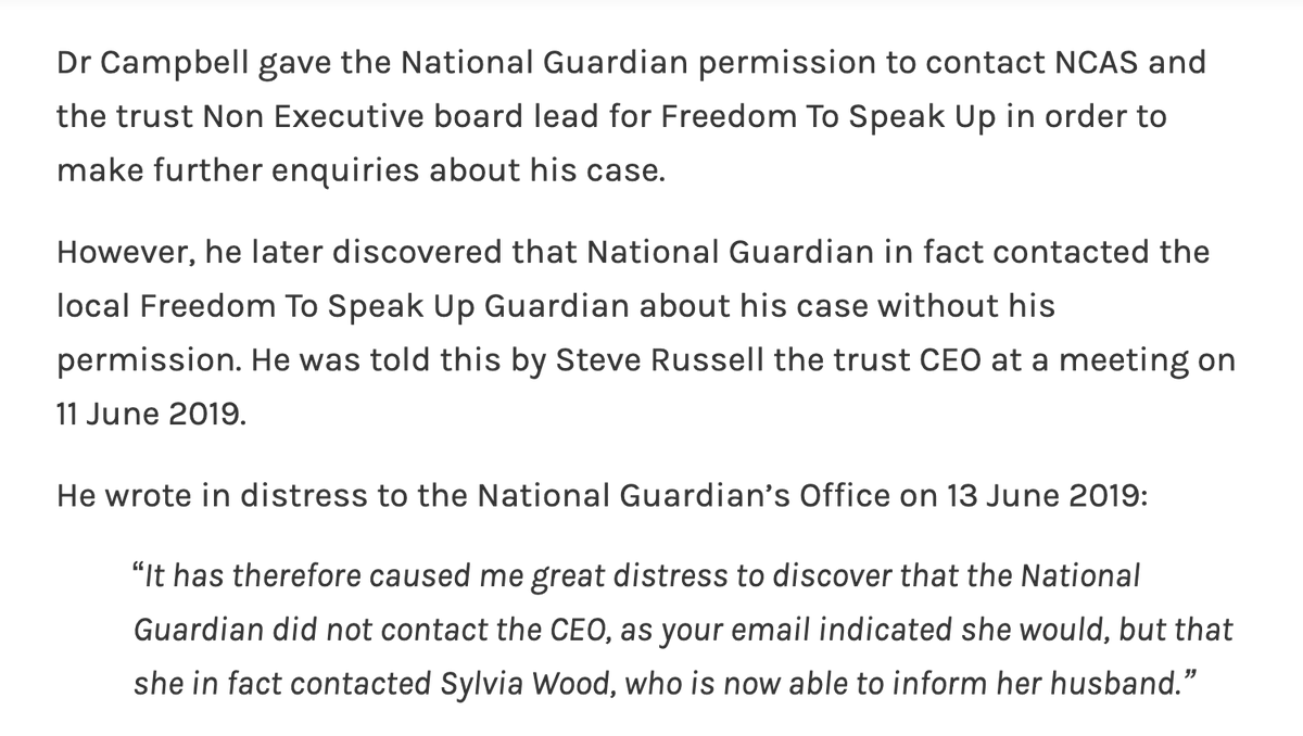 alexander_minh's tweet image. 5/ Dr Julian Campbell was informed that the National Guardian contacted local trust Freedom To Speak Up Guardian WITHOUT his permission, despite this person being married to Med Director, about whom he had raised concerns

#FTSU #OurNHSPeople #NHSLeaders 

minhalexander.com/2020/08/08/bul…