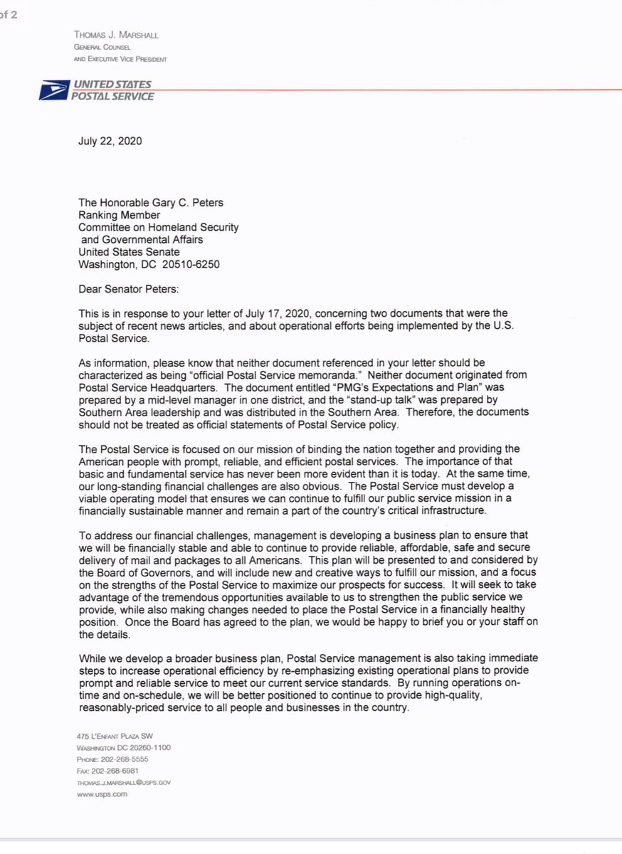 Incidentally earlier today  @SenGaryPeters released a 2 page letter his office received from the  @USPS General Counsel, Thomas J MarshallIt’s not exactly forthcoming and fails to address the numerous questions & issues raised in the 7/17 letter. I mean well duh it reads lawyerly
