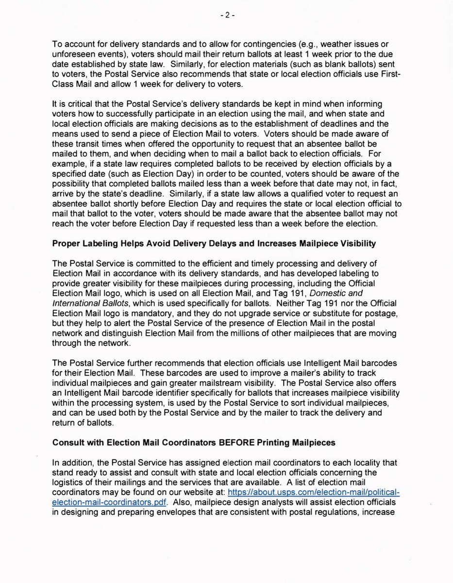 May 29, 2020  @USPS General Counsel also mailed“It is critical that the Postal Service’s delivery standards be kept in mind when informing voters how to successfully participate in an election using the mail, and when state and local election official...” https://about.usps.com/publications/pub632/pub632_v06_revision_012019_tech_001.htm