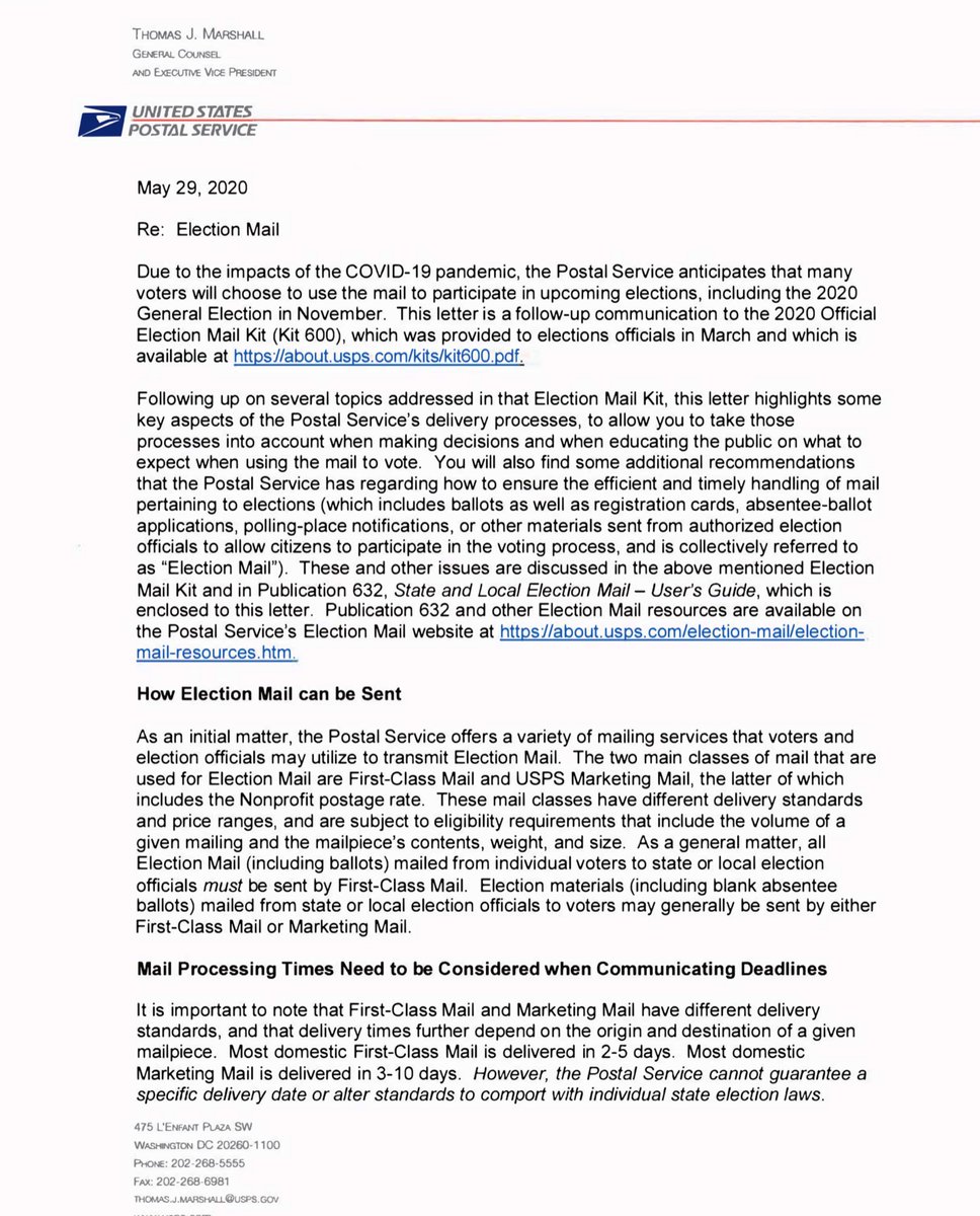 May 29, 2020  @USPS General Counsel also mailed“It is critical that the Postal Service’s delivery standards be kept in mind when informing voters how to successfully participate in an election using the mail, and when state and local election official...” https://about.usps.com/publications/pub632/pub632_v06_revision_012019_tech_001.htm