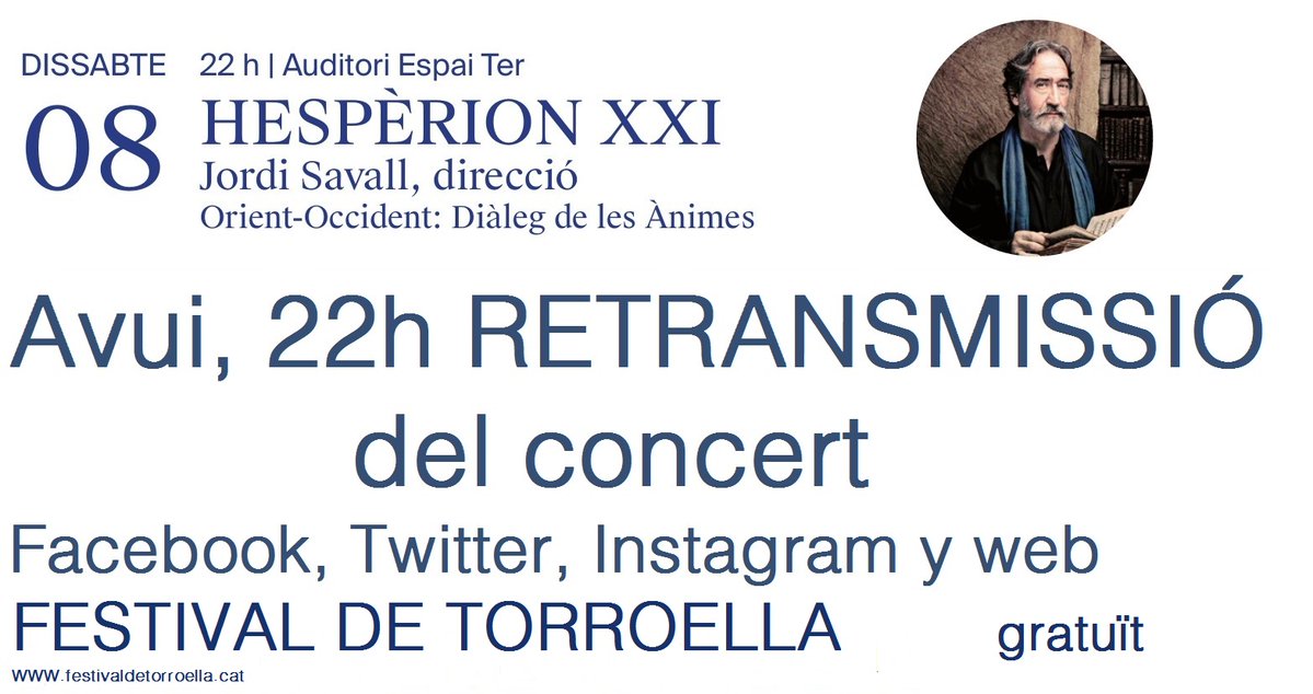 Avui, a les 22h, retransmissió en directe i gratuïta del #concert de Jordi Savall i Hespèrion XXI per les pàgines de Twitter, Facebook, Instagran i Web del #FestivalTorroella 🎶
<a href="/FundacioCIMA/">Jordi Savall: Fundació CIMA</a> <a href="/AjTorroella/">Ajuntament de Torroella de Montgrí</a> <a href="/CostaBravaFesti/">CostaBravaGiFestivals</a> <a href="/costabrava/">Costa Brava Pirineu</a> <a href="/tvcostabrava/">TV Costa Brava</a> <a href="/VisitCostaBrava/">Costa Brava Girona</a> <a href="/RBaixEmporda/">Revista Baix Empordà</a>