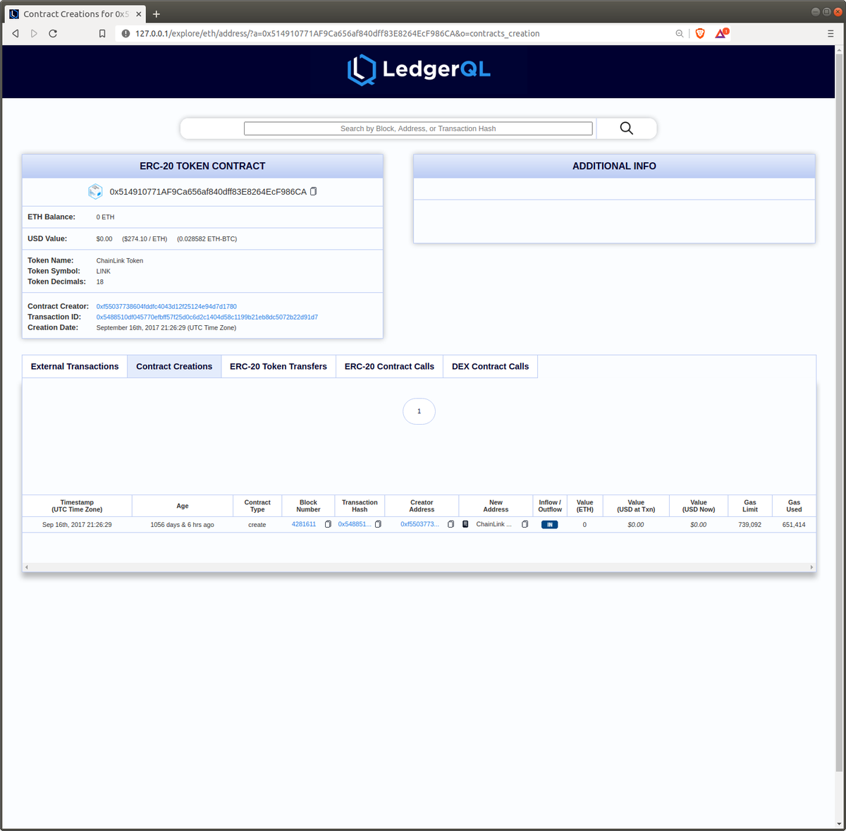 LedgerQL's tweet photo. 3/ Here's the detailed page for each ETH address, using the @chainlink contract address as an example. This preview shows all external transactions, contract creations, ERC-20 Token Transfers, ERC-20 Contract Calls, and DEX (#Uniswap) Contract Calls from the #Chainlink contract https://t.co/EMbHStALwT