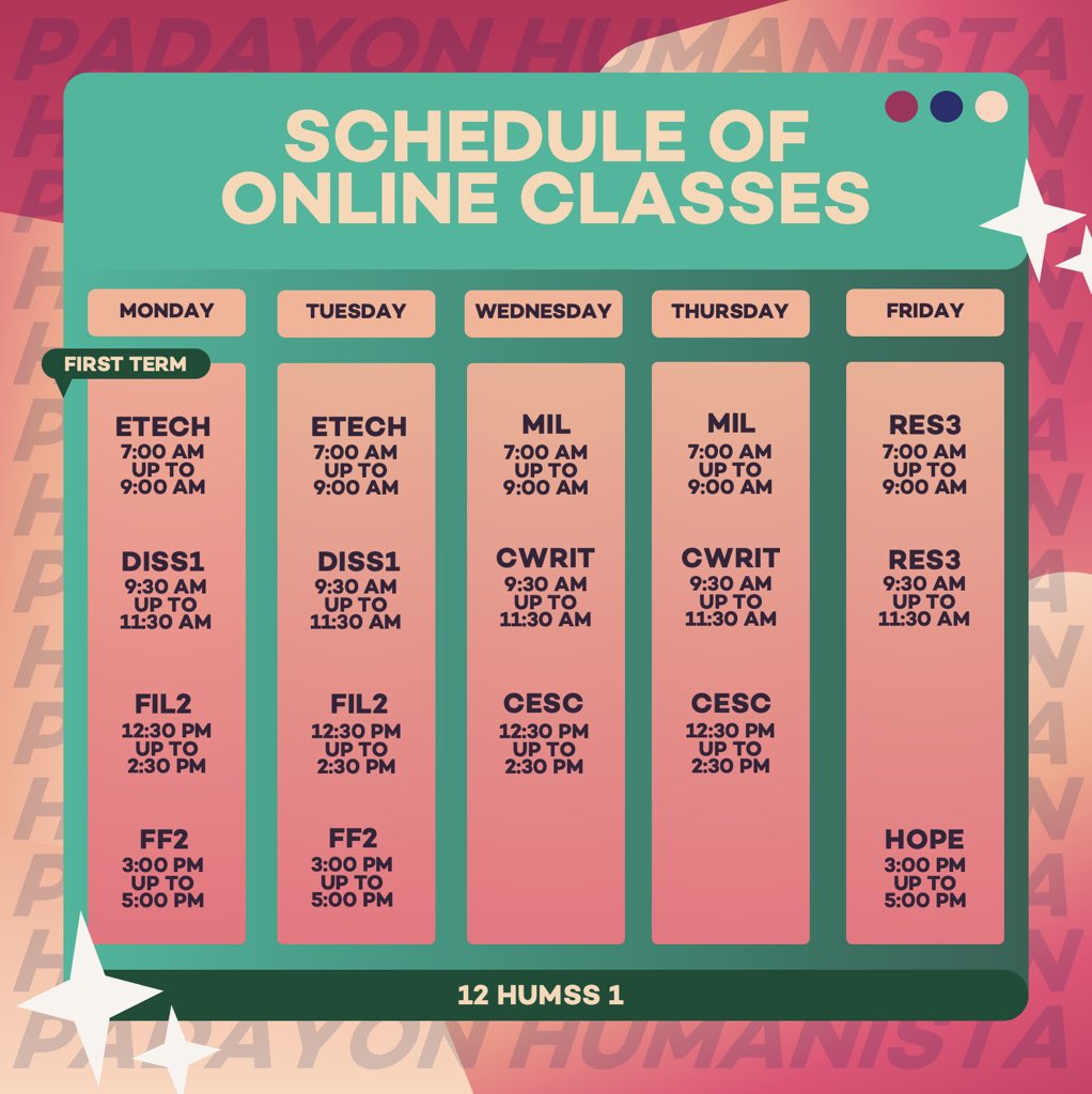12HUMSS1's tweet photo. Heads Up, Humanistas!
With the new academic year just on the horizon, here is the online class schedule for the new school year (in different colors too so you can have your pick). Kindly be guided accordingly. 💙 https://t.co/c3j6FKuGKS