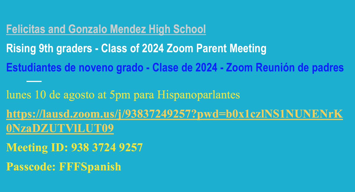 Junta Zoom para familias de estudiantes entrantes de noveno grado entrando a Mendez en otono 2020.